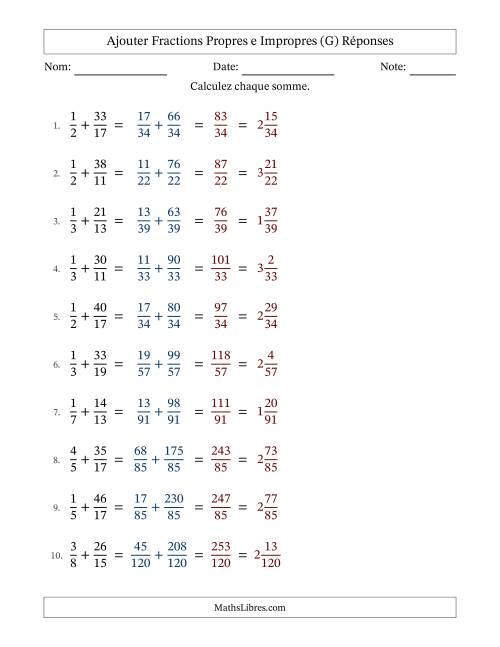Ajouter fractions propres e impropres avec des dénominateurs différents, résultats en fractions mixtes, et sans simplification (Remplissable) (G) page 2
