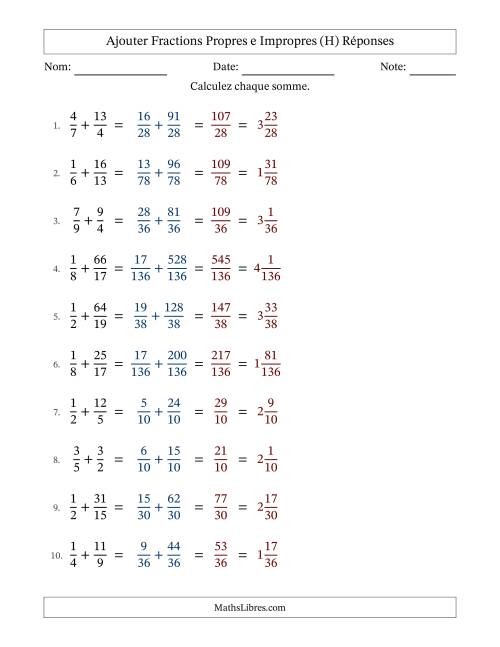 Ajouter fractions propres e impropres avec des dénominateurs différents, résultats en fractions mixtes, et sans simplification (Remplissable) (H) page 2