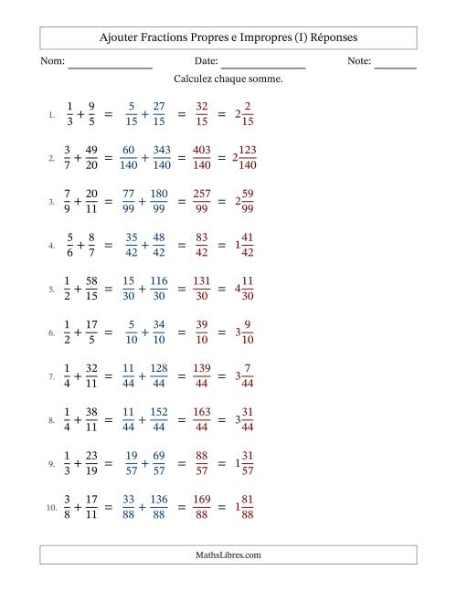 Ajouter fractions propres e impropres avec des dénominateurs différents, résultats en fractions mixtes, et sans simplification (Remplissable) (I) page 2