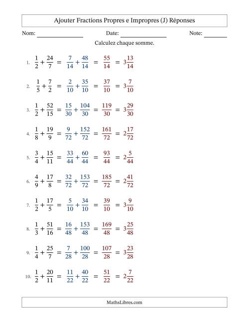 Ajouter fractions propres e impropres avec des dénominateurs différents, résultats en fractions mixtes, et sans simplification (Remplissable) (J) page 2