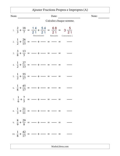 Ajouter fractions propres e impropres avec des dénominateurs différents, résultats en fractions mixtes, et sans simplification (Remplissable) (Tout)