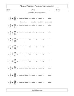 Ajouter fractions propres e impropres avec des dénominateurs différents, résultats en fractions mixtes, et avec simplification dans tous les problèmes (Remplissable)