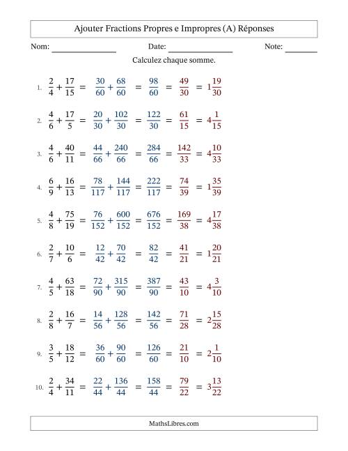 Ajouter fractions propres e impropres avec des dénominateurs différents, résultats en fractions mixtes, et avec simplification dans tous les problèmes (Remplissable) (A) page 2