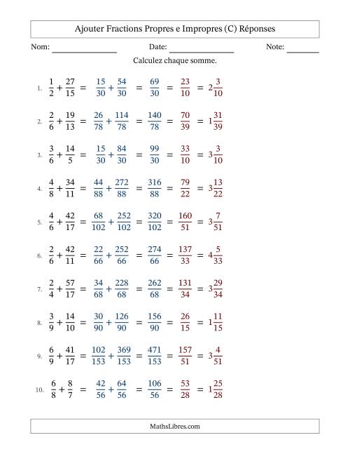 Ajouter fractions propres e impropres avec des dénominateurs différents, résultats en fractions mixtes, et avec simplification dans tous les problèmes (Remplissable) (C) page 2