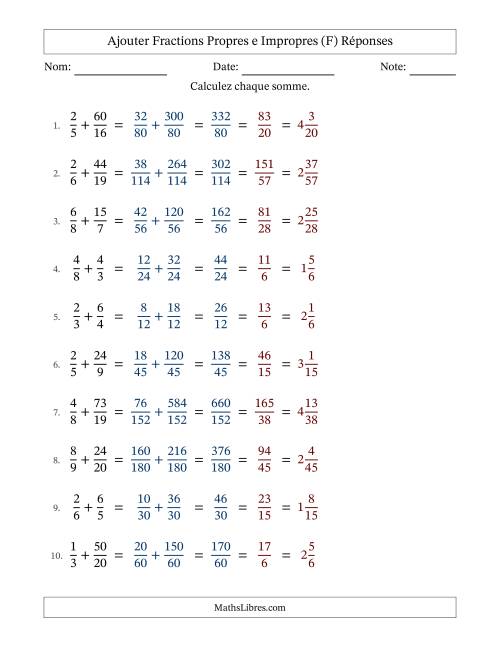 Ajouter fractions propres e impropres avec des dénominateurs différents, résultats en fractions mixtes, et avec simplification dans tous les problèmes (Remplissable) (F) page 2