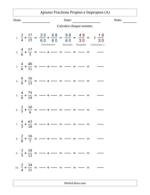Ajouter fractions propres e impropres avec des dénominateurs différents, résultats en fractions mixtes, et avec simplification dans tous les problèmes (Remplissable) (Tout)