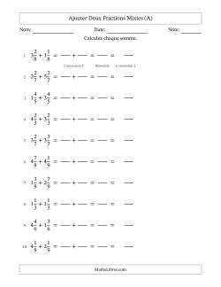 Ajouter deux fractions mixtes avec des dénominateurs égaux, résultats en fractions mixtes, et sans simplification (Remplissable)