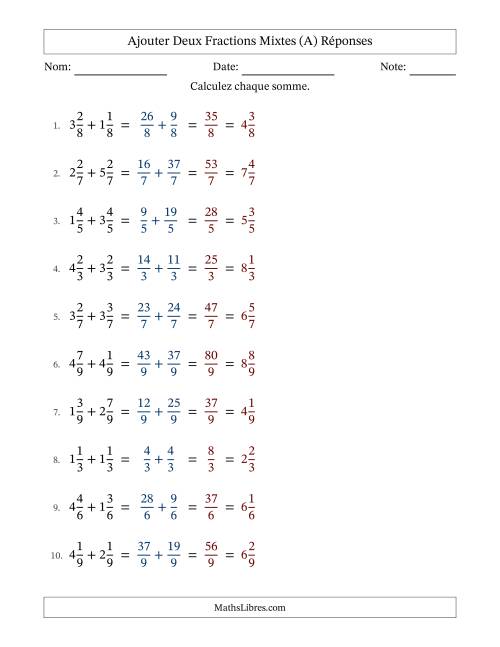 Ajouter deux fractions mixtes avec des dénominateurs égaux, résultats en fractions mixtes, et sans simplification (Remplissable) (A) page 2