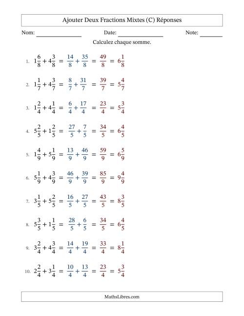 Ajouter deux fractions mixtes avec des dénominateurs égaux, résultats en fractions mixtes, et sans simplification (Remplissable) (C) page 2