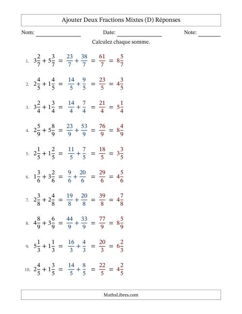 Ajouter deux fractions mixtes avec des dénominateurs égaux, résultats en fractions mixtes, et sans simplification (Remplissable) (D) page 2