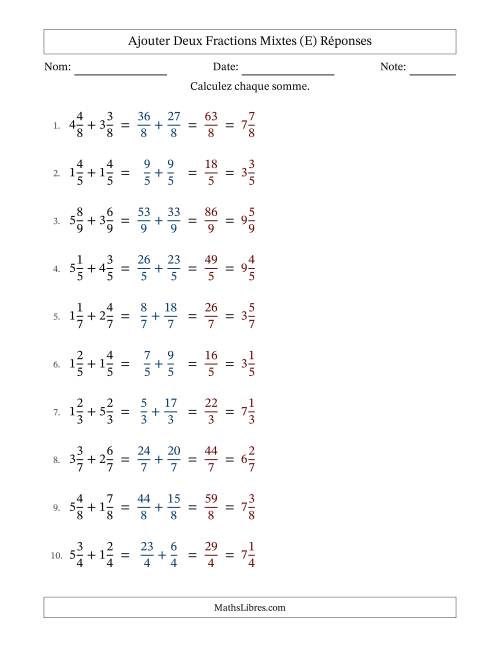 Ajouter deux fractions mixtes avec des dénominateurs égaux, résultats en fractions mixtes, et sans simplification (Remplissable) (E) page 2