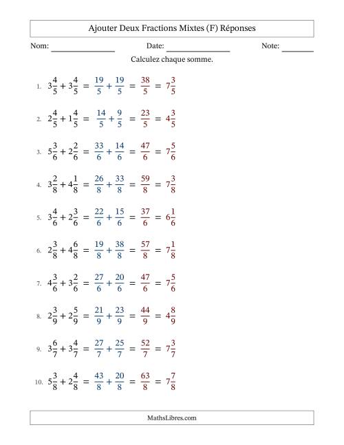Ajouter deux fractions mixtes avec des dénominateurs égaux, résultats en fractions mixtes, et sans simplification (Remplissable) (F) page 2