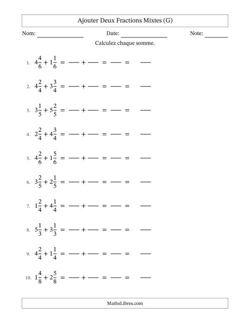 Ajouter deux fractions mixtes avec des dénominateurs égaux, résultats en fractions mixtes, et sans simplification (Remplissable) (G)