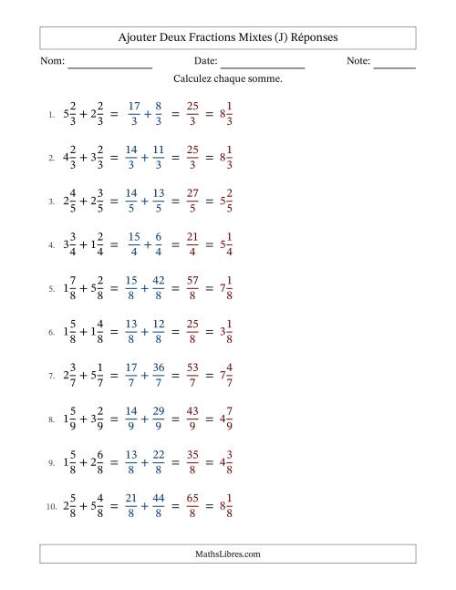 Ajouter deux fractions mixtes avec des dénominateurs égaux, résultats en fractions mixtes, et sans simplification (Remplissable) (J) page 2