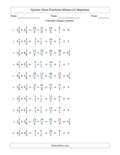 Ajouter deux fractions mixtes avec des dénominateurs égaux, résultats en fractions mixtes, et avec simplification dans tous les problèmes (Remplissable) (A) page 2