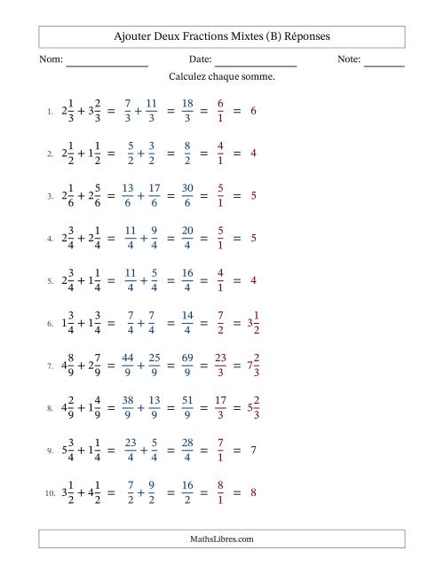 Ajouter deux fractions mixtes avec des dénominateurs égaux, résultats en fractions mixtes, et avec simplification dans tous les problèmes (Remplissable) (B) page 2