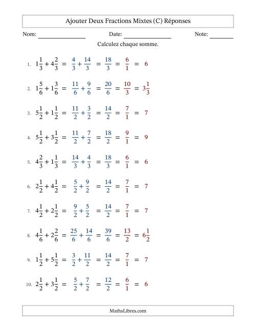 Ajouter deux fractions mixtes avec des dénominateurs égaux, résultats en fractions mixtes, et avec simplification dans tous les problèmes (Remplissable) (C) page 2