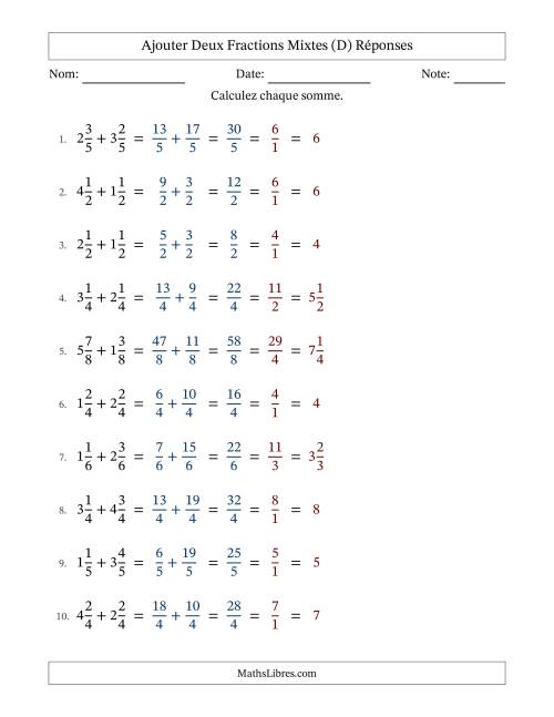 Ajouter deux fractions mixtes avec des dénominateurs égaux, résultats en fractions mixtes, et avec simplification dans tous les problèmes (Remplissable) (D) page 2