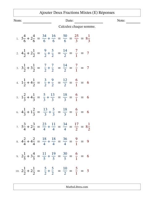 Ajouter deux fractions mixtes avec des dénominateurs égaux, résultats en fractions mixtes, et avec simplification dans tous les problèmes (Remplissable) (E) page 2