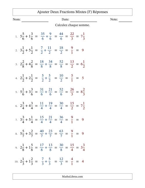 Ajouter deux fractions mixtes avec des dénominateurs égaux, résultats en fractions mixtes, et avec simplification dans tous les problèmes (Remplissable) (F) page 2