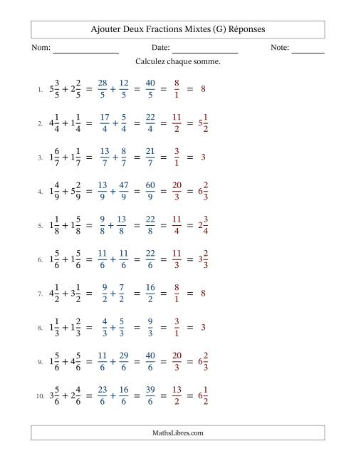 Ajouter deux fractions mixtes avec des dénominateurs égaux, résultats en fractions mixtes, et avec simplification dans tous les problèmes (Remplissable) (G) page 2
