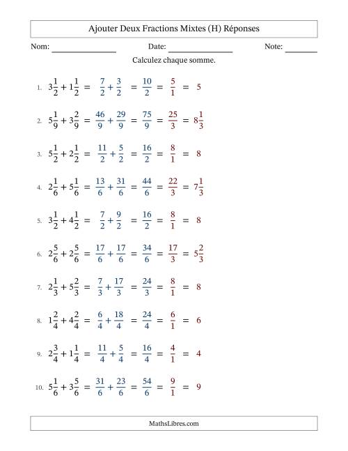 Ajouter deux fractions mixtes avec des dénominateurs égaux, résultats en fractions mixtes, et avec simplification dans tous les problèmes (Remplissable) (H) page 2