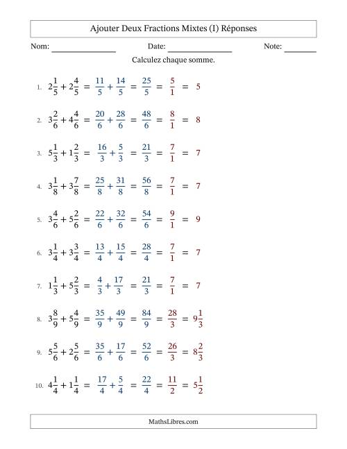 Ajouter deux fractions mixtes avec des dénominateurs égaux, résultats en fractions mixtes, et avec simplification dans tous les problèmes (Remplissable) (I) page 2