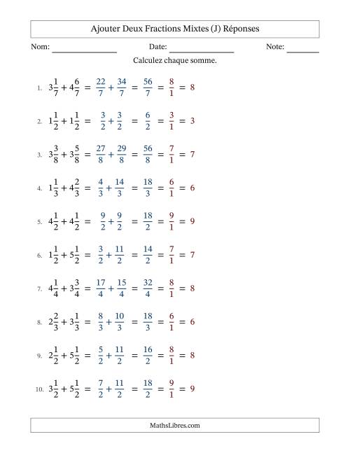 Ajouter deux fractions mixtes avec des dénominateurs égaux, résultats en fractions mixtes, et avec simplification dans tous les problèmes (Remplissable) (J) page 2