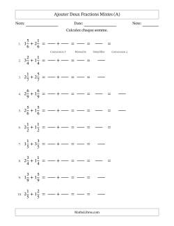 Ajouter deux fractions mixtes avec des dénominateurs égaux, résultats en fractions mixtes, et avec simplification dans quelques problèmes (Remplissable)