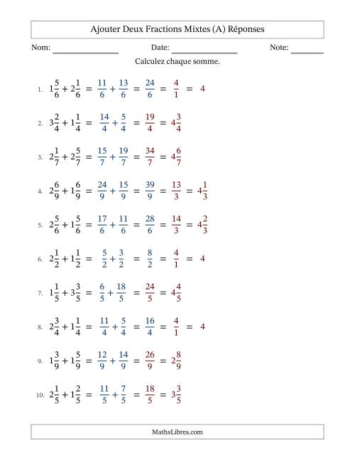 Ajouter deux fractions mixtes avec des dénominateurs égaux, résultats en fractions mixtes, et avec simplification dans quelques problèmes (Remplissable) (A) page 2