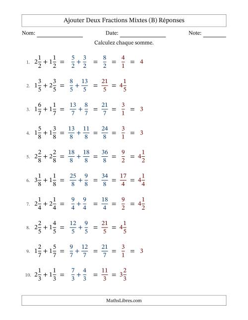 Ajouter deux fractions mixtes avec des dénominateurs égaux, résultats en fractions mixtes, et avec simplification dans quelques problèmes (Remplissable) (B) page 2