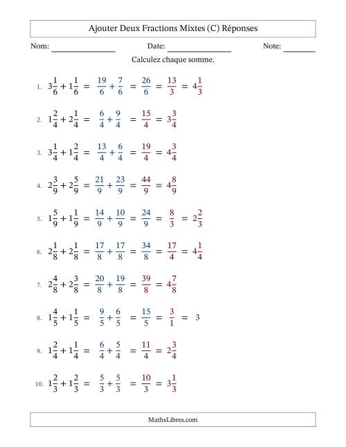 Ajouter deux fractions mixtes avec des dénominateurs égaux, résultats en fractions mixtes, et avec simplification dans quelques problèmes (Remplissable) (C) page 2