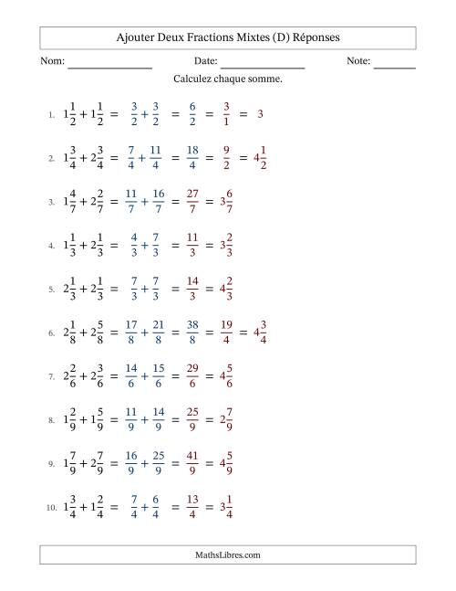 Ajouter deux fractions mixtes avec des dénominateurs égaux, résultats en fractions mixtes, et avec simplification dans quelques problèmes (Remplissable) (D) page 2