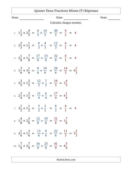 Ajouter deux fractions mixtes avec des dénominateurs égaux, résultats en fractions mixtes, et avec simplification dans quelques problèmes (Remplissable) (F) page 2