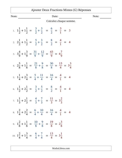 Ajouter deux fractions mixtes avec des dénominateurs égaux, résultats en fractions mixtes, et avec simplification dans quelques problèmes (Remplissable) (G) page 2
