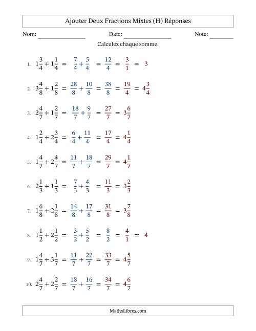 Ajouter deux fractions mixtes avec des dénominateurs égaux, résultats en fractions mixtes, et avec simplification dans quelques problèmes (Remplissable) (H) page 2