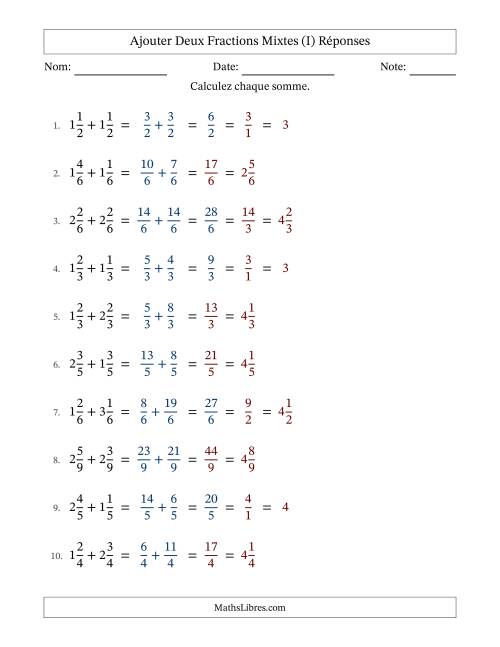 Ajouter deux fractions mixtes avec des dénominateurs égaux, résultats en fractions mixtes, et avec simplification dans quelques problèmes (Remplissable) (I) page 2