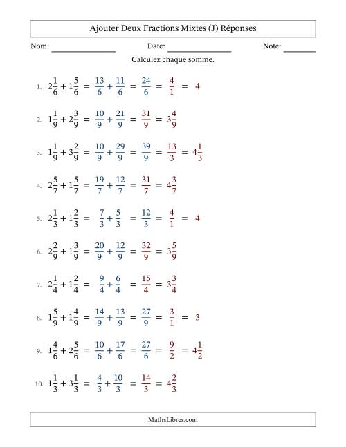 Ajouter deux fractions mixtes avec des dénominateurs égaux, résultats en fractions mixtes, et avec simplification dans quelques problèmes (Remplissable) (J) page 2