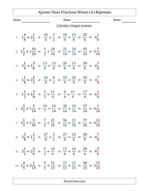 Ajouter deux fractions mixtes avec des dénominateurs similaires, résultats en fractions mixtes, et sans simplification (Remplissable) (A) page 2