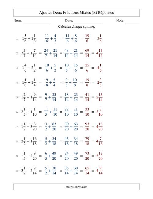 Ajouter deux fractions mixtes avec des dénominateurs similaires, résultats en fractions mixtes, et sans simplification (Remplissable) (B) page 2