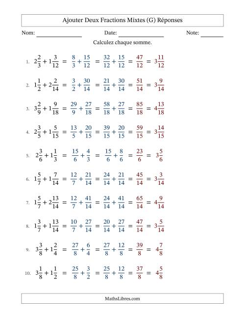 Ajouter deux fractions mixtes avec des dénominateurs similaires, résultats en fractions mixtes, et sans simplification (Remplissable) (G) page 2