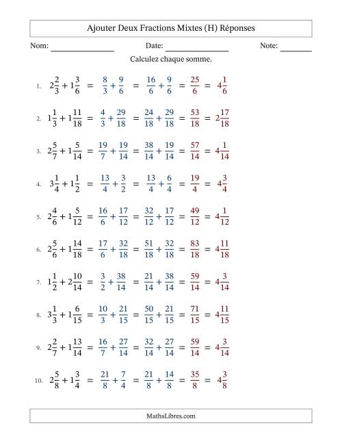 Ajouter deux fractions mixtes avec des dénominateurs similaires, résultats en fractions mixtes, et sans simplification (Remplissable) (H) page 2