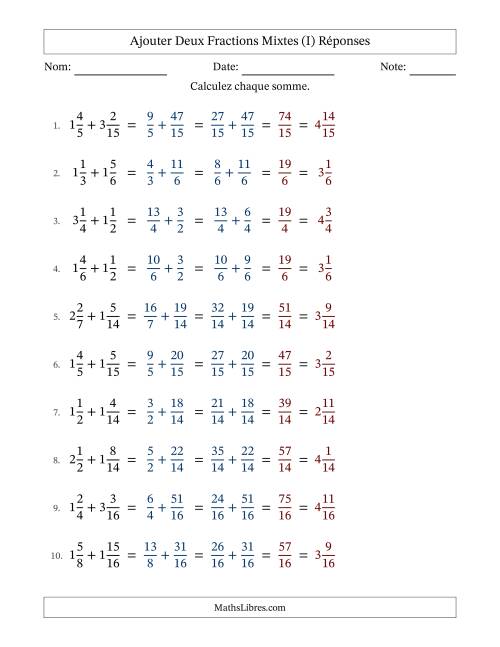 Ajouter deux fractions mixtes avec des dénominateurs similaires, résultats en fractions mixtes, et sans simplification (Remplissable) (I) page 2