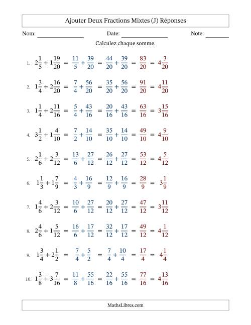 Ajouter deux fractions mixtes avec des dénominateurs similaires, résultats en fractions mixtes, et sans simplification (Remplissable) (J) page 2