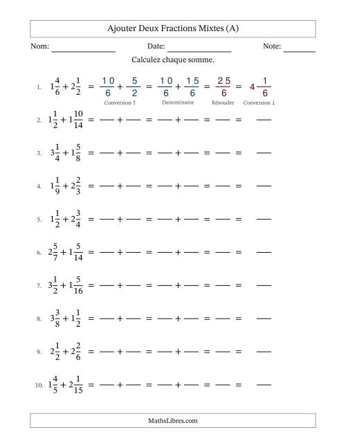 Ajouter deux fractions mixtes avec des dénominateurs similaires, résultats en fractions mixtes, et sans simplification (Remplissable) (Tout)