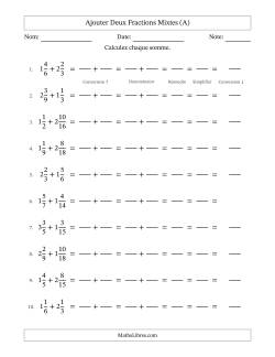 Ajouter deux fractions mixtes avec des dénominateurs similaires, résultats en fractions mixtes, et avec simplification dans tous les problèmes (Remplissable)