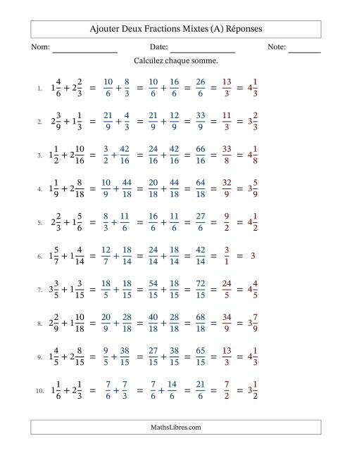 Ajouter deux fractions mixtes avec des dénominateurs similaires, résultats en fractions mixtes, et avec simplification dans tous les problèmes (Remplissable) (A) page 2