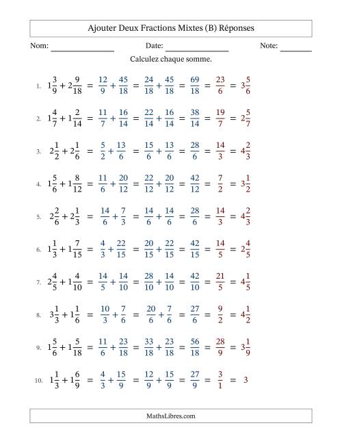 Ajouter deux fractions mixtes avec des dénominateurs similaires, résultats en fractions mixtes, et avec simplification dans tous les problèmes (Remplissable) (B) page 2