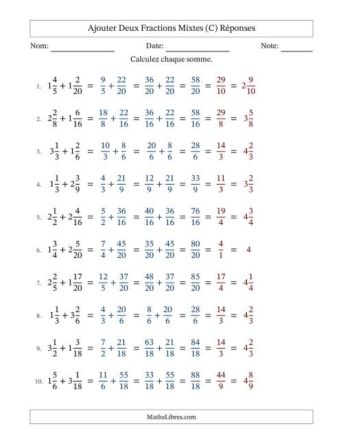 Ajouter deux fractions mixtes avec des dénominateurs similaires, résultats en fractions mixtes, et avec simplification dans tous les problèmes (Remplissable) (C) page 2