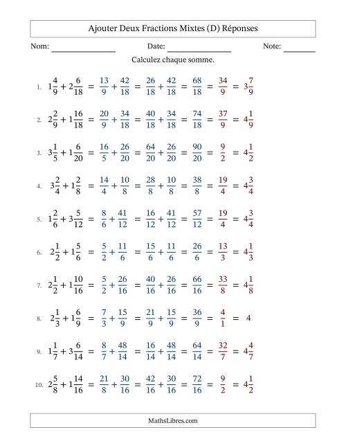 Ajouter deux fractions mixtes avec des dénominateurs similaires, résultats en fractions mixtes, et avec simplification dans tous les problèmes (Remplissable) (D) page 2